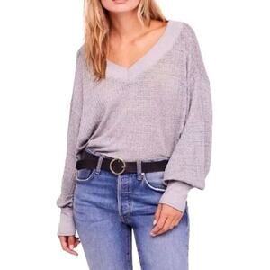 Free People Womens Oversized‎ Xs Top South Side THERMAL Long Sleeve Waffle Gray